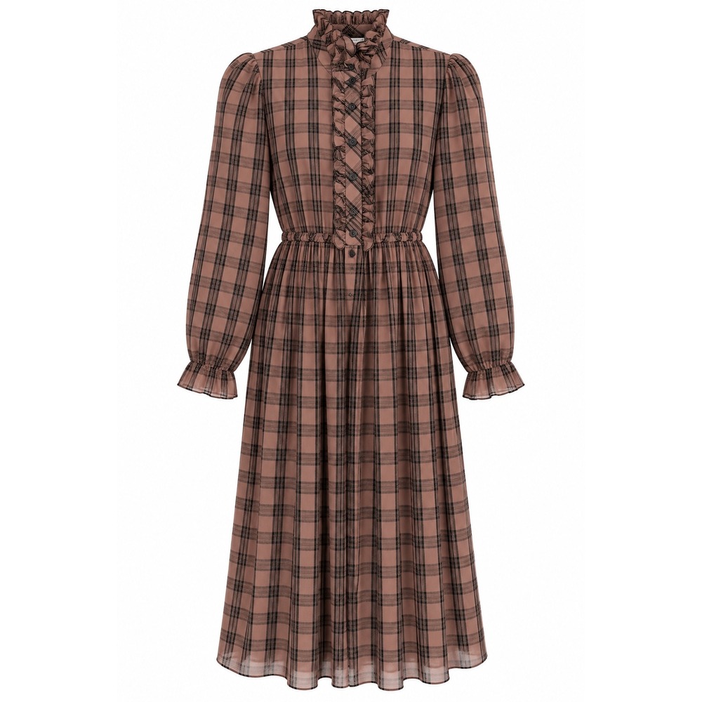Vintage 80s Victorian Prairie Plaid Ruffle High Neck Midi Dress Brown Black 8P